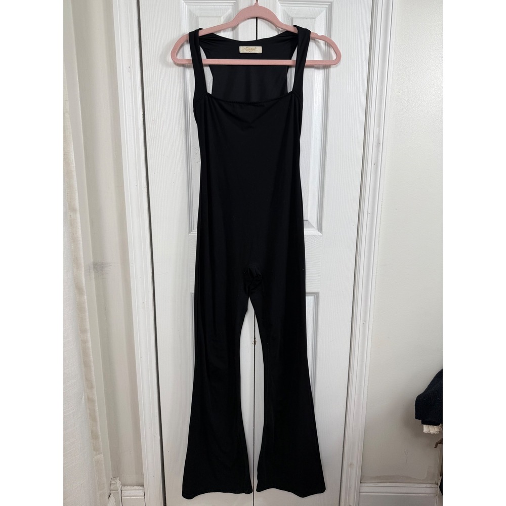 Qinsen Flare Leg Jumpsuit S Black Athleisure Y2K Square Neck Racerback Bodysuit